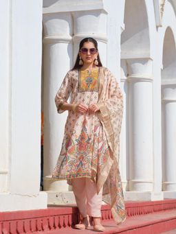 Gahan - Womens Round Neck Pastel Peach Printed Muslin Kurta with Pant & Dupatta