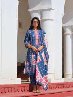 Gahan - Womens Denim Blue Printed Muslin Kurta with Pant & Dupatta
