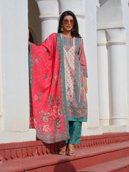 Gahan - Womens Round Neck Poly Linen Roman Silk Kurta with Pant & Dupatta