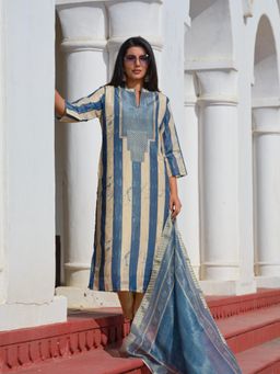 Gahan - Women Blue Beige Stripes Cotton Kurta with Pant & Dupatta