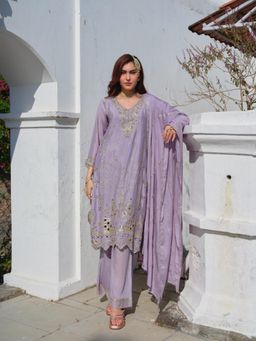 Gahan - Womens Lavender Poly Chinnon Sequin Embroidered Kurta with Palazzo & Dupatta