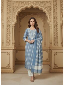 Gahan - Womens Grey Embroidered Zig-Zag Motif Cotton Ikkat Kurta with Pant & Dupatta