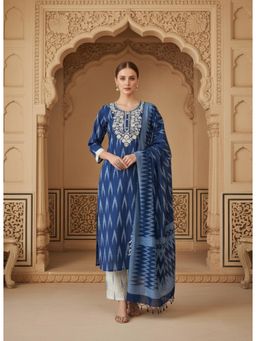 Gahan - Womens Navy Blue Embroidered Zig-Zag Motif Cotton Ikkat Kurta with Pant & Dupatta
