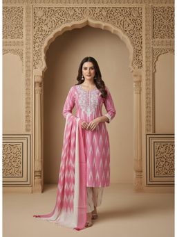 Gahan - Womens Pink Embroidered Zig-Zag Motif Cotton Ikkat Kurta with Pant & Dupatta