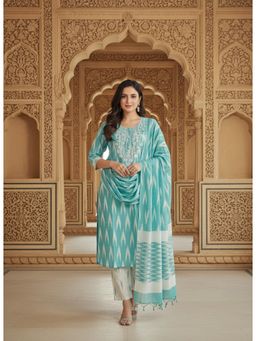 Gahan - Womens Green Embroidered Zig-Zag Motif Cotton Ikkat Kurta with Pant & Dupatta