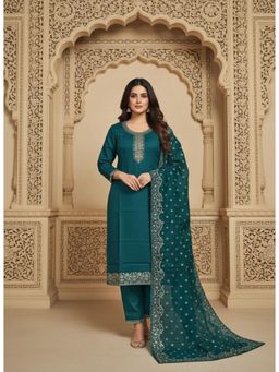 Gahan - Womens Teal Embroidered Cotton Kurta with Pant & Dupatta