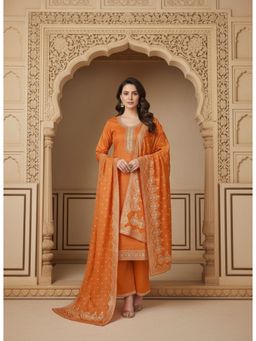 Gahan - Womens Orange Embroidered Cotton Kurta with Pant & Dupatta