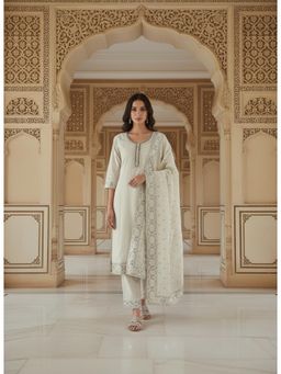 Gahan - Womens White Embroidered Cotton Kurta with Pant & Dupatta