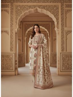 Gahan - Womens Chiku Beige Tie-Up Neck Cotton Linen Kurta with Pant & Dupatta