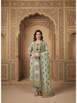 Gahan - Womens Olive Green Fist Tie-Up Neck Cotton Linen Kurta with Pant & Dupatta