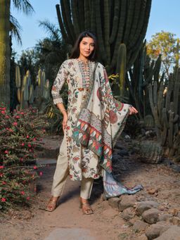 Gahan - Womens Mandarin Collar White Kurta with Pant & Dupatta