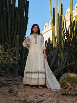 Gahan - Womens White Cotton V-Neck Anarkali Kurta with Pant & Dupatta