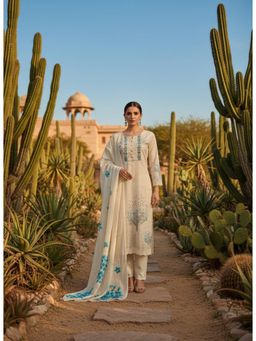 Gahan - White Embroidered Details Ivory Mirror Work Kurta with Pant & Dupatta