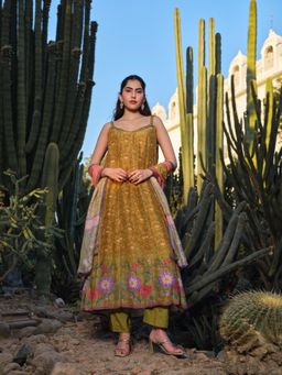 Gahan - Olive Green Printed Cotton Anarkali Kurta with Pant & Organza Dupatta