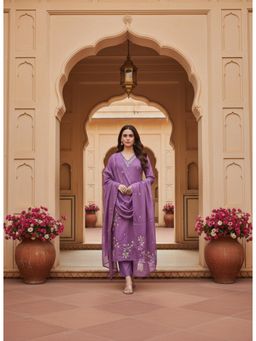 Gahan - Womens Lavender Embroidery Work Roman Fabric Stone V-Neck Kurta with Pant & Dupatta