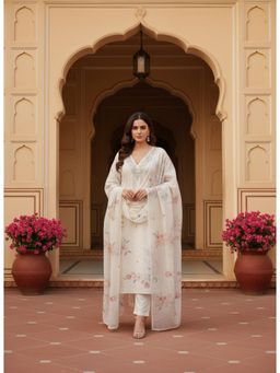 Gahan - Womens White Stone Embroidery Work Roman Fabric V-Neck Kurta with Pant & Dupatta