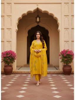 Gahan - Womens Yellow Stone Embroidery Work Roman Fabric V-Neck Kurta with Pant & Dupatta