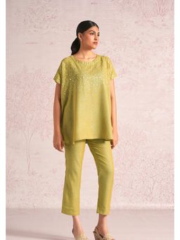 Kaveri - Green Linen Blend Round Neck Top With Pant