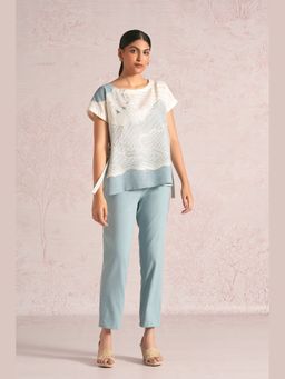 Kaveri - Off White Linen Blend Round Neck Top With Pant