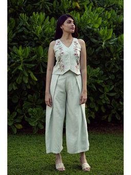 Kaveri - Green Linen Blend V-Neck Waist Coat With Pant