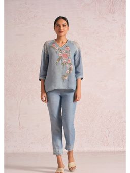 Kaveri - Blue Linen Blend V-Neck Top With Pant