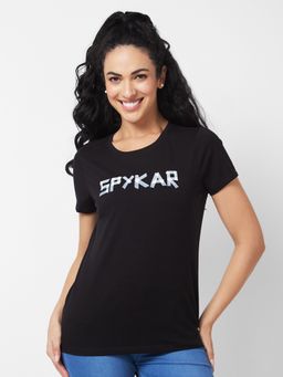 Spykar - Women Round Neck Half Sleeves Black T-Shirt