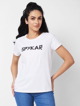 Spykar - Women Round Neck Half Sleeves White T-Shirt
