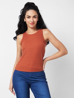 Spykar - Women Round Neck Sleeveless Brown T-Shirt
