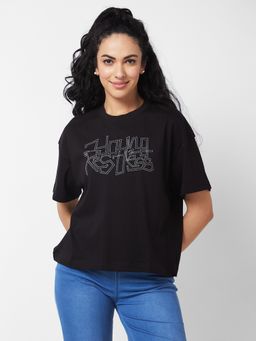 Spykar - Women Round Neck Half Sleeves Black T-Shirt