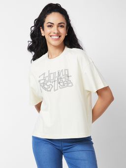 Spykar - Women Round Neck Half Sleeves White T-Shirt