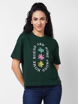 Spykar - Women Round Neck Half Sleeves Green T-Shirt