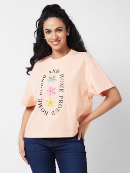 Spykar - Women Round Neck Half Sleeves Peach T-Shirt