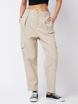 Spykar - Women High Rise Beige Knits Cargo Pant