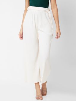 Spykar - Women High Rise Wide Leg White Knits Pant With Belt (Set of 2)