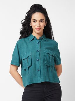Spykar - Women Teal Blue Solid Shirt