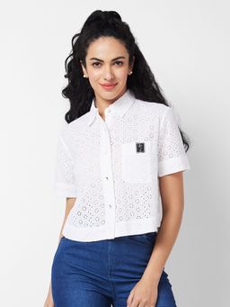 Spykar - Women White Embroidered Shirt