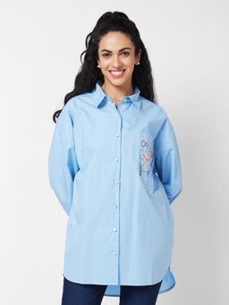 Spykar - Women Blue Embroidered Shirt