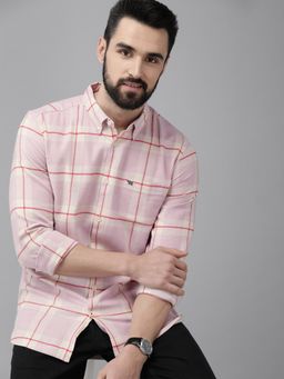 The Bear House - Men Pink Checked Cotton Casual Shirt