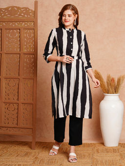 FASHOR - Solid Black & White Striped Straight Kurta With Pant & Belt - Black (Set of 3)
