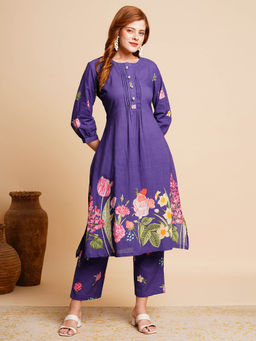 FASHOR - Floral Printed & Coined A-Line Kurta With Pant - Purple (Set of 2)
