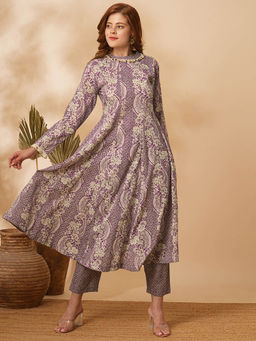 FASHOR - Ethnic Floral Printed & Coined Anarkali Flared Kurta With Pant - Purple (Set of 2)