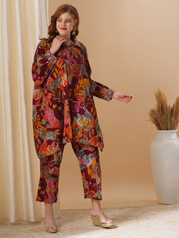 FASHOR - Abstract Floral Printed & Embroidered Kaftan Co-Ord - Maroon (Set of 2)