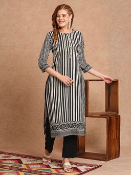 FASHOR - Stripes Printed & Coined Straight Fit Kurta With Solid Pant - Black (Set of 2)