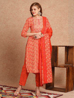 FASHOR - Ethnic Printed & Embroidered Straight Kurta With Pant & Dupatta - Coral (Set of 3)