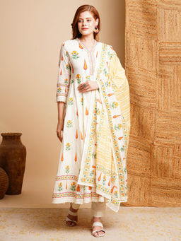 FASHOR - Block Printed & Embroidered Anarkali Kurta With Pant & Dupatta - Off White (Set of 3)