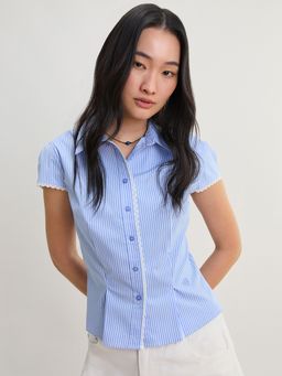 Pomelo - Lace Trim Pinstripe Fitted Blouse Top- Blue