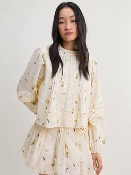 Pomelo - Floral Long Sleeve Blouse Top - Cream