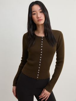 Pomelo - Ribbed Button Front Knit Top - Brown