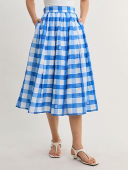 Pomelo - Check Pleated Midi Skirt - Blue