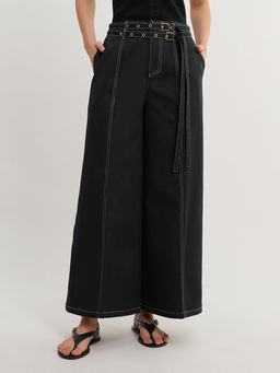 Pomelo - High Waist Belted Wide Leg Pants - Black